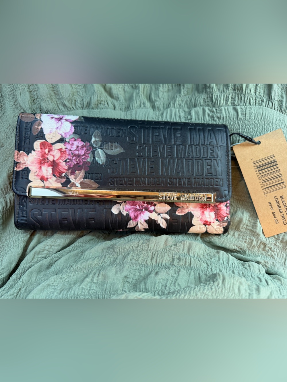 Steve Madden Black Floral Embossed Clutch with Gold Trim